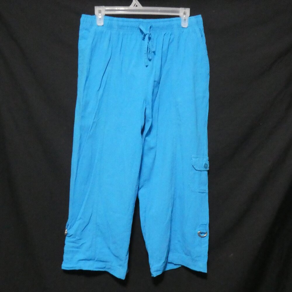 PALM GROVE | large | Blue Cargo Pants With Roll Tab Bottoms | Stretchy Waistband